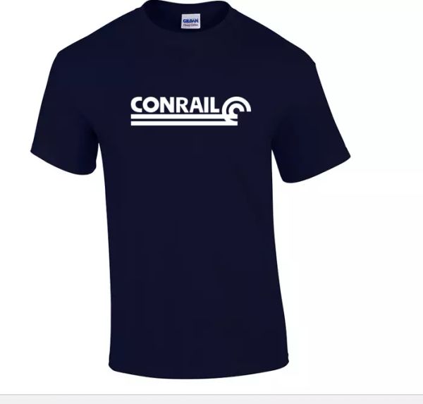 

white conrail logo on navy blue t-shirt defunct railroad train company 80s shirt, White;black