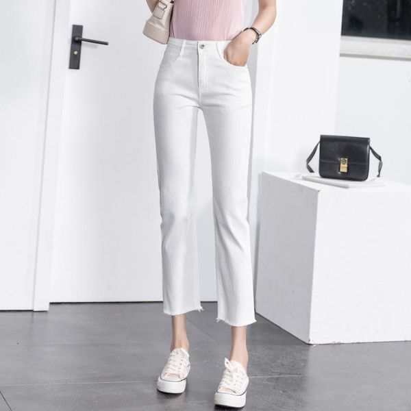 

women's jeans high wasit solid white women washed zipper ankle length denim pants boyfriend straight leg ladies casual summer, Blue