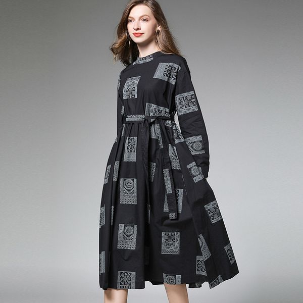 

big yards dresses 2021 spring long sleeve plaid print fat mm large medium length waist slim 7533