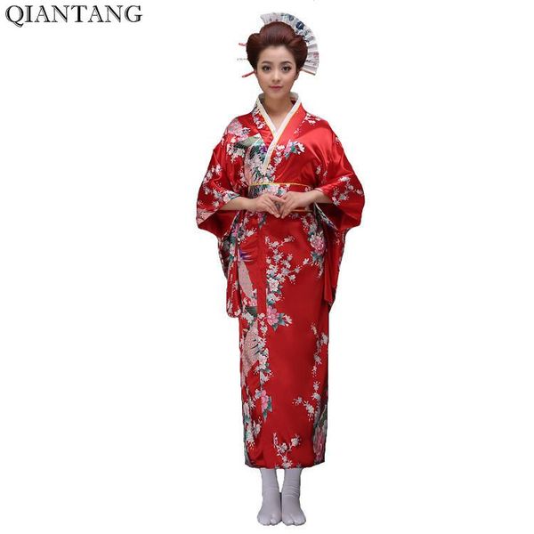 

red vintage japanese ladies kimono bath gown women's faux silk yukata with obi performance dance dress cosplay clothing h0029 ethnic