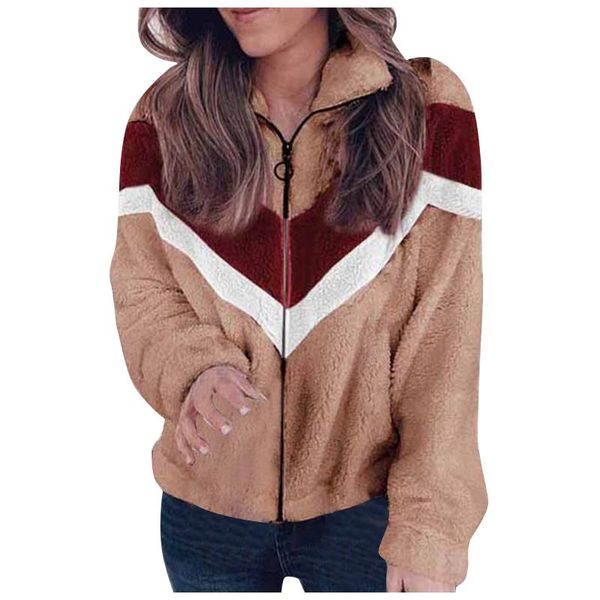 

women's wool & blends zipper plush fleece coat women autumn winter sweatshirts female long sleeve patchwork color jacket, Black