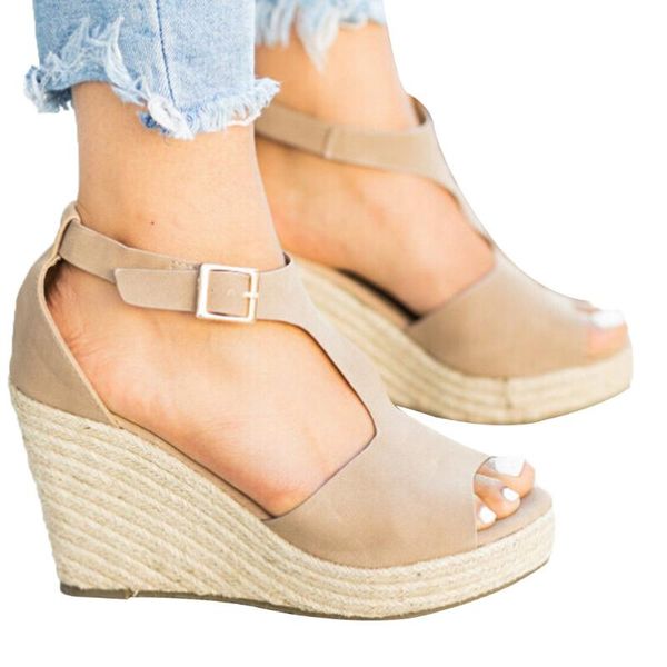 

casual women shoes platform sandals peep toe high wedges studded wedge buckle ankle strap open sandals#3, Black