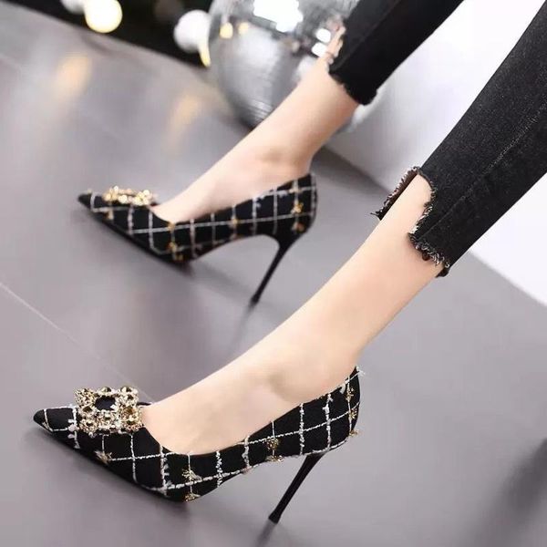 

dress shoes 2021 rhinestone square buckle stiletto heels ladies banquet pointed temperament single women, Black