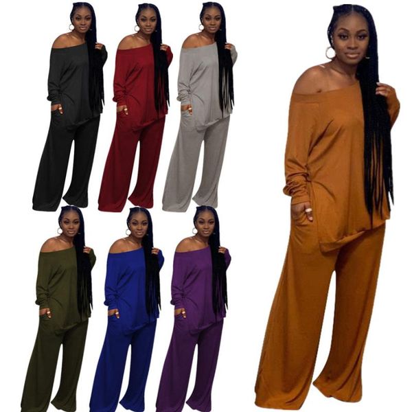 

women's two piece pants shzq off the shoulder women casual two-piece set autumn winter plus size o-neck long sleeve loose tees high wai, White