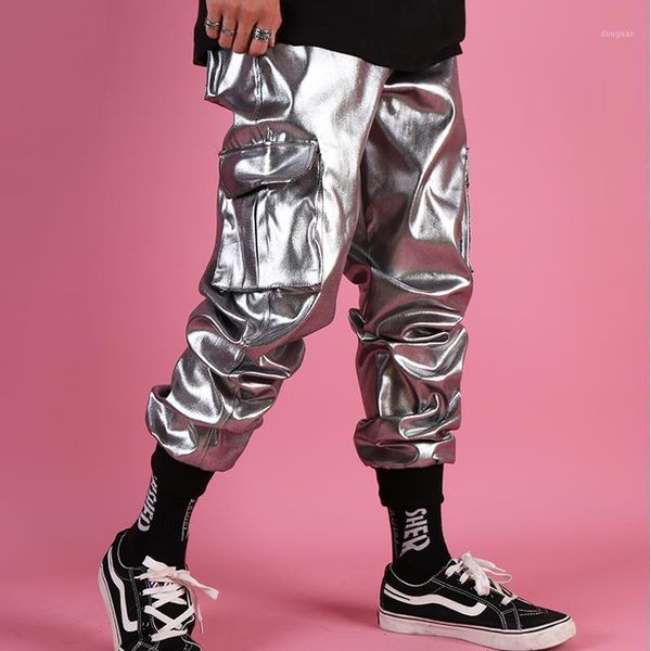 

men casual leather harem pant male streetwear hip hop punk silver multi pocket cargo trouser stage clothes dj singer men's pants, Black
