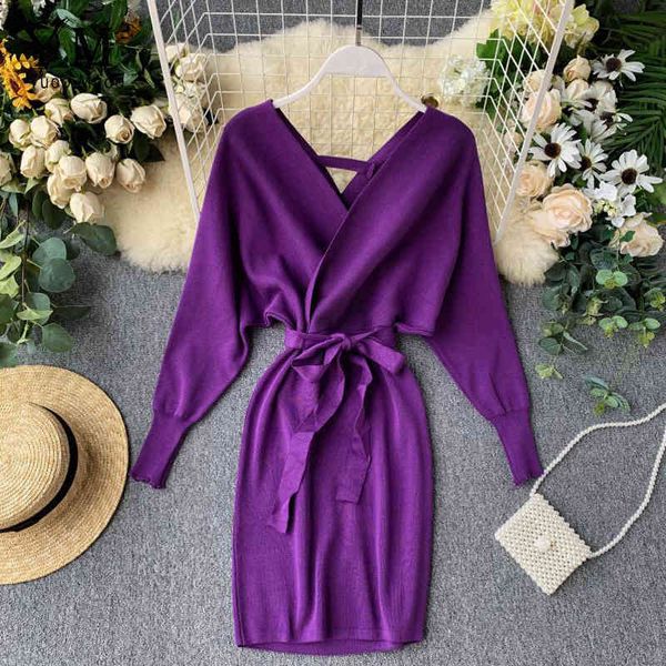 

yuoomuoo autumn winter women knitted sweater dress 2021 new korean long batwing sleeve v neck elegant dress ladies bandage dress, Black;gray