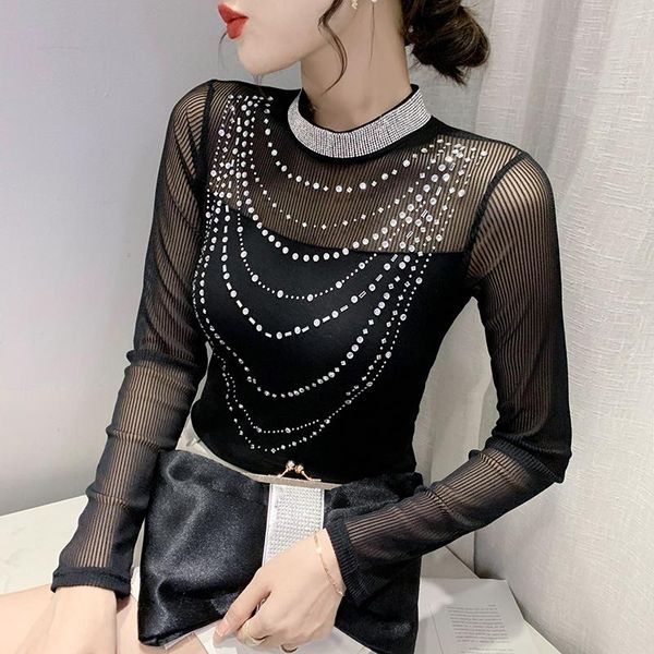 

women's t-shirt korean fashion women stand-up collar long-sleeved bottoming shirt lady drilling black mesh t blusa, White