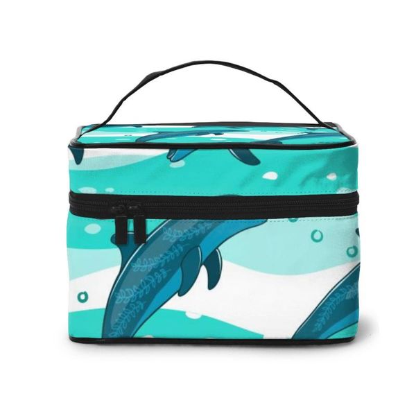 

women's travel organization beauty cosmetic make up storage lady wash bags jumping dolphins on green wave handbag pouch & cases