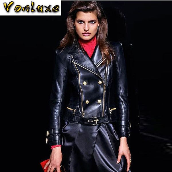 

women's jackets 2021 arrival leather jacket women slim fit double breasted zipper runway designer black coat motorcycle female, Black;brown