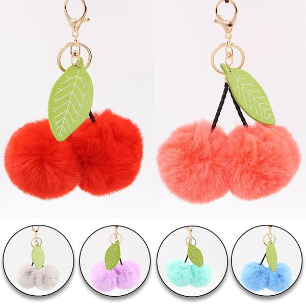 

keychains plush pompom faux fur key chain creative cherry design keychain women bag charms hanging pendant ring accessories, Silver