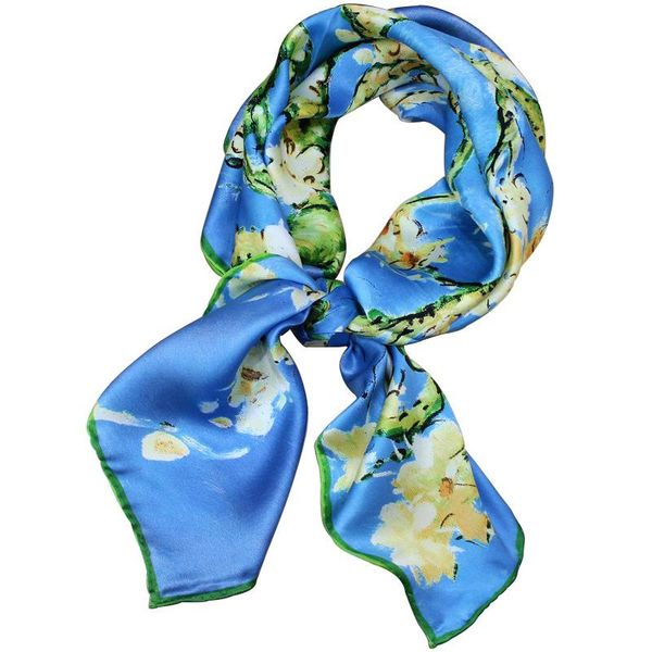 

chinese luxury natural silk scarf for women 100% real wrap shawl square 90cm bandana gift printed flower arts scarves, Blue;gray