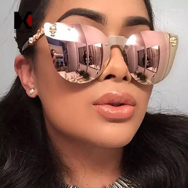 

sunglasses 2021 vintage brand design lady gothic cat eye women men metal skull rose gold sun glasses for female oculos, White;black