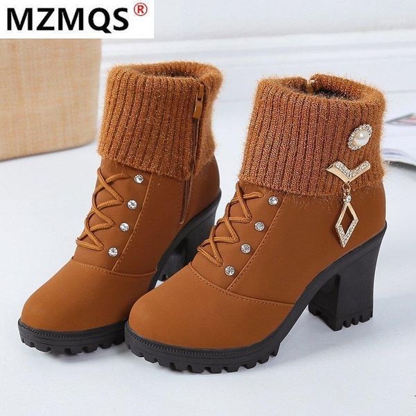 

boots 2021 winter shoes women platform ankle rhinestone snow cross-tied high heels warm plush booties botas mujer1, Black