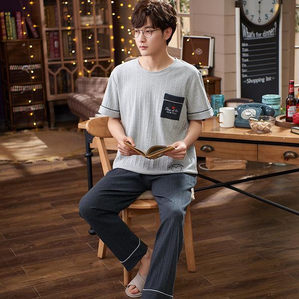 

men's sleepwear men 's pajamas set spring summer leisure elastic waist cotton short sleeve nightwear long pant full, Black;brown