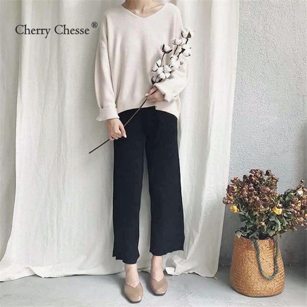 

women's pants & capris cherry chesse sweet women knitted drawstring elastic waist split trousers female autumn sexy, Black;white