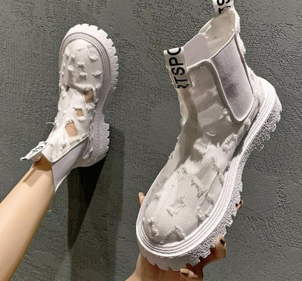 

boots women flat heels ankle canvas hole slip on platform shoes woman summer autumn breathable casual, Black