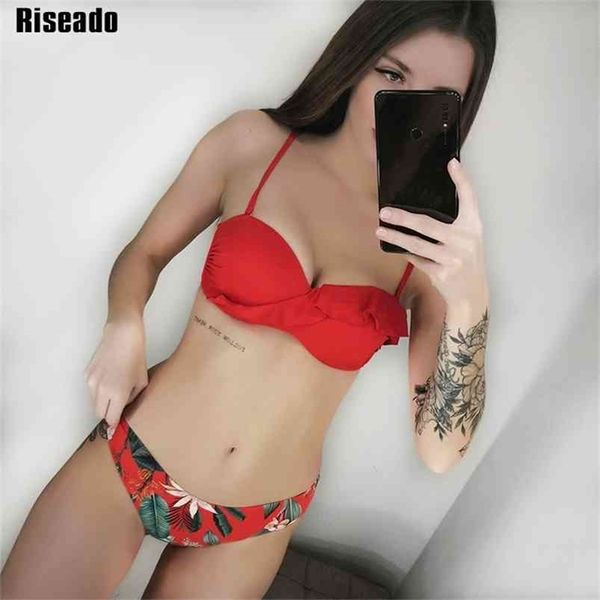 Riseado Sexy Bikinis Push Up Swimwear Mulheres Vermelho Swimsuits Ruffle Bikini Set Floral Imprimir Swim Wear Strap Banhing Suit 210407