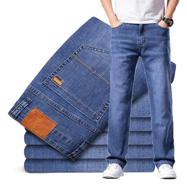 

men's jeans plus size 42 44 46 summer men thin blue smoky gray classic style loose straight elastic fashion denim trousers male brand