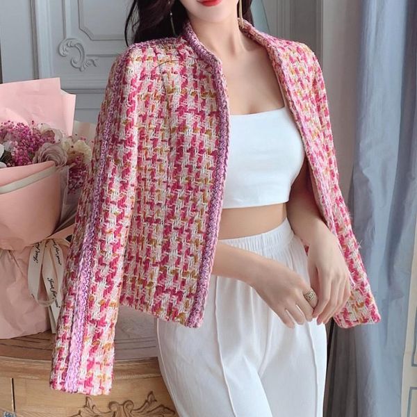 

women's jackets vintage small fragrance plaid weave tweed jacket elegant office lady long sleeve all-match fashion cardigan top, Black;brown