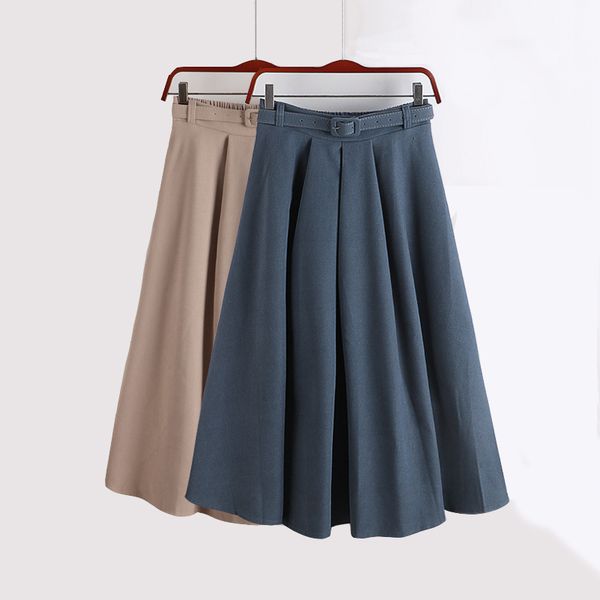 

autumn winter vintage skirt women with belt solid color elastic large hem elegant long midi a- line 210420, Black