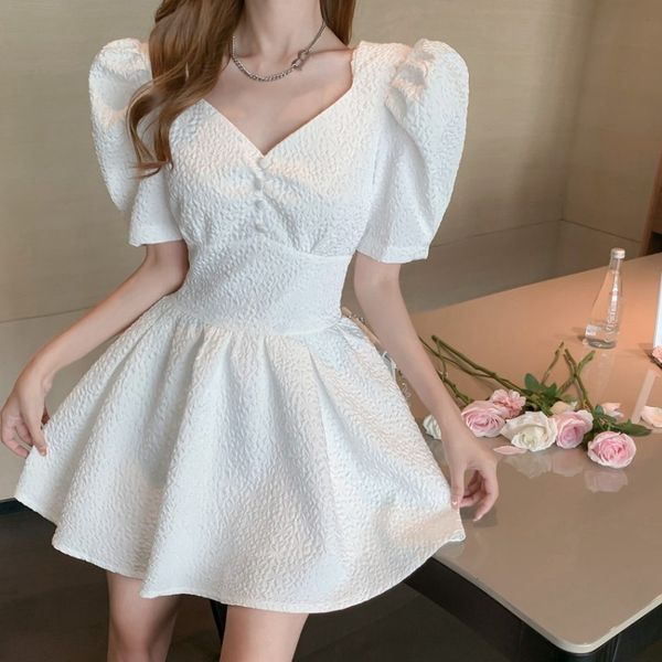 

summer sweet white vintage dress korea women elegant puff sleeve slim waist party mini dress female 210518, Black;gray