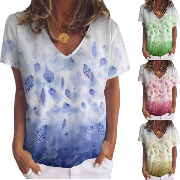 

women's t-shirt leaf flower print v-neck short sleeve, White