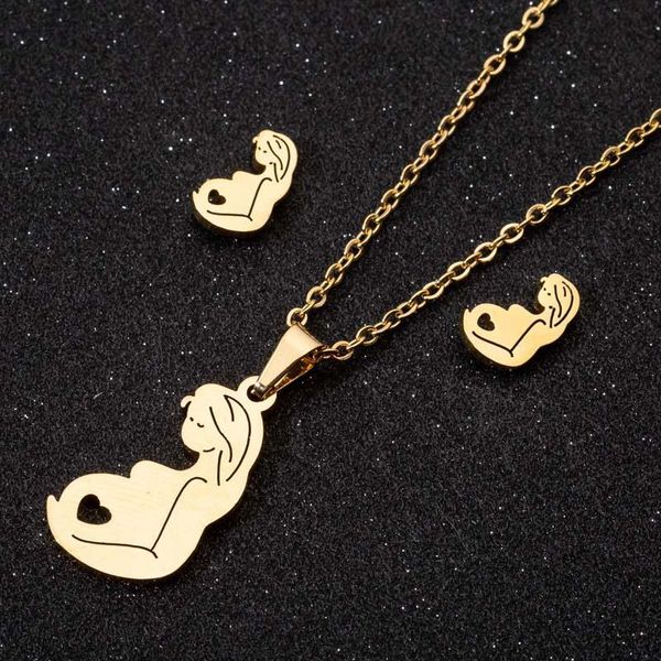 

earrings & necklace stainless steel jewelry three-piece set mother's gift pendant fashion women's wholesale, Silver