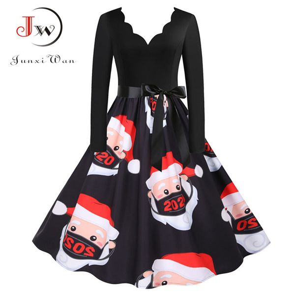 

christmas dresses for women long sleeve v neck high waist elegant vintgae winter xmas party sundress femme robe plus size 210510, Black;gray