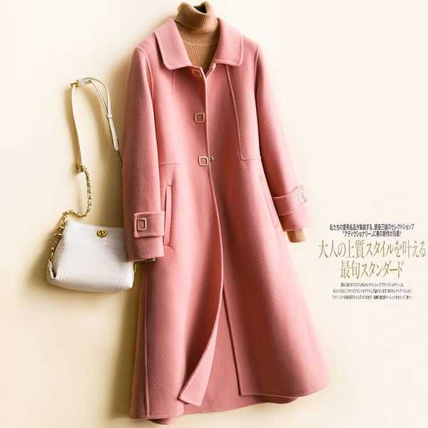

women's wool & blends winter jackets 100% coat single breasted fashion female long handmade woolen overcoat outerwear, Black