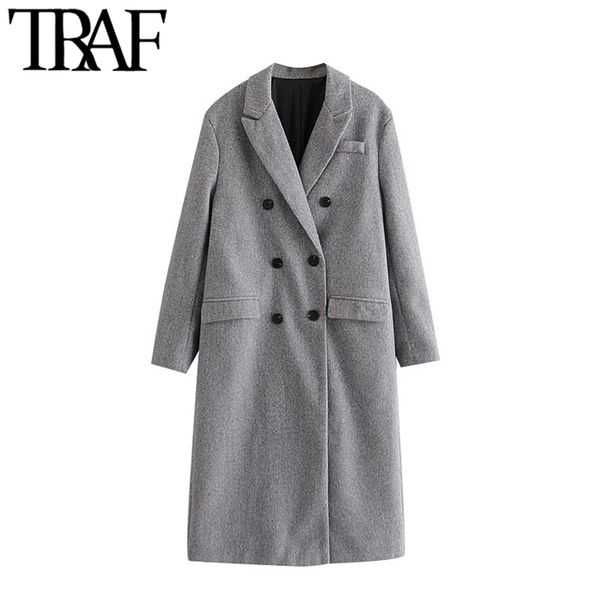 

traf women fashion double breasted oversized woolen coat vintage long sleeve pockets female outerwear chic overcoat 210415, Black