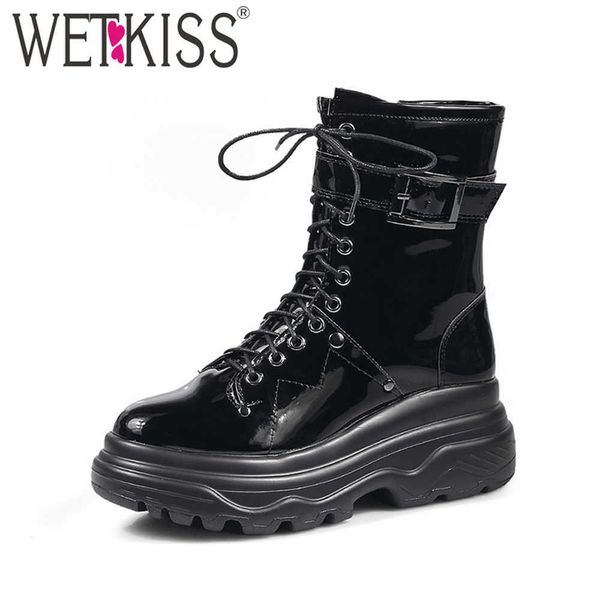 

wetkiss patent ankle boots women cozy wedges shoes thick platform knee boots cross tied buckle motorcycle boot winter shoes lady 210630, Black