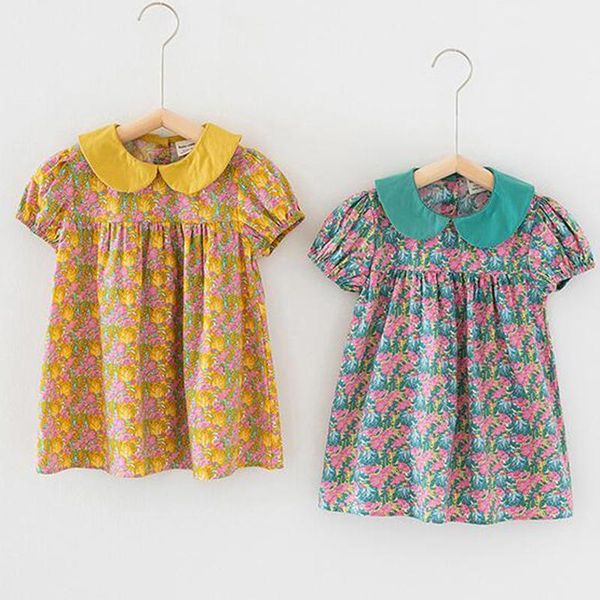 

girl's dresses children clothing cotton short sleeve floral printing doll collar dress summer born baby girls princess, Red;yellow
