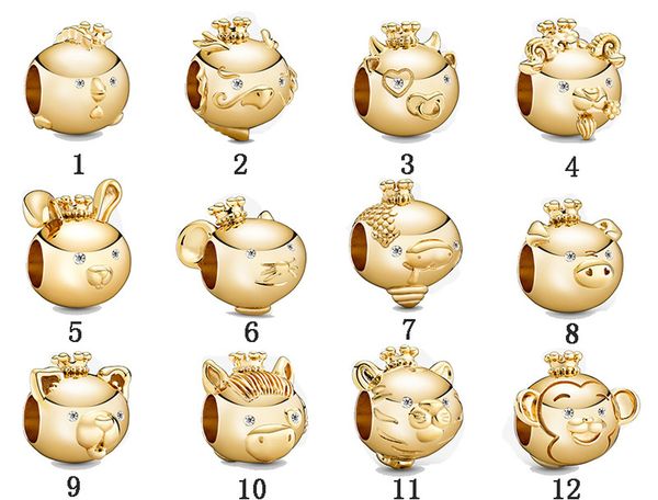 

new zodiac loose bead bracelet new year safety chain crown wing pendant beads fit pandora charms bracelet diy women original jewelry, Black