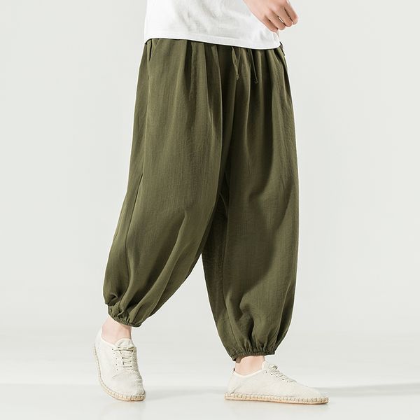 

m-5xl mens casual elastic waist linen ankle length wide leg baggy harem pants drawstring waist streetwear men casual trousers, Black