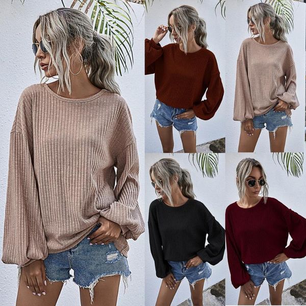 

Women's Sweaters Fashion Round Neck Lantern Sleeve Casual Knit Sweater Female Loose Solid Color Pit Strip Knitted Pullover Woman VAD7, White;black