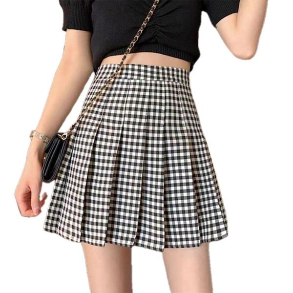 

skirt 2021 spring/summer high-waisted retro plaid slim 100 pleated women a-line buttocks mini skirts, Black