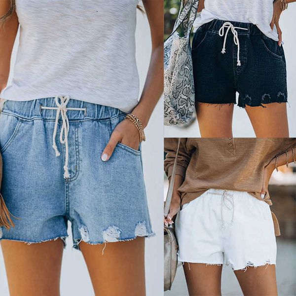 

jeans 2021 summer denim shorts casual wash cut holes burr rubber waist women, Blue
