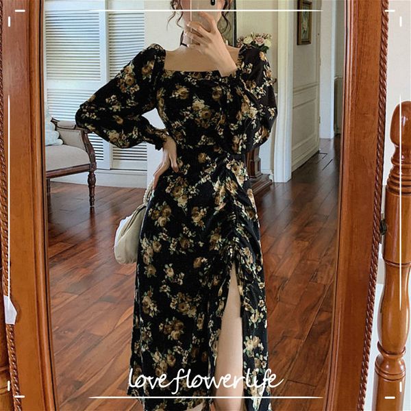 

elegant floral dress women long sleeve midi vintage dress square collar french retro party dress spring korean style 210521, Black;gray