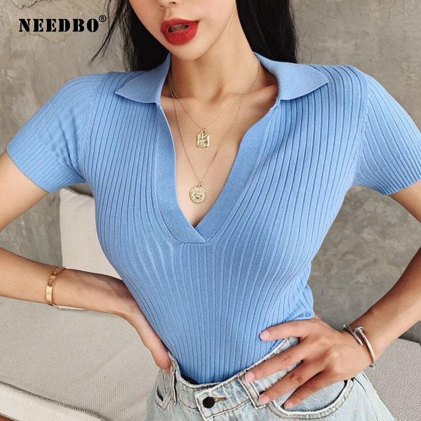 

women's t-shirt needbo crop female shirts summer short sleeve vintage clothes ribbed solid slim knit cropped tees, White