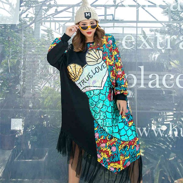 

hoodies thailand tide brand thick chic cartoon sequins printed long-sleeved sweater women's mid-length mesh stitching dress autumn, Black
