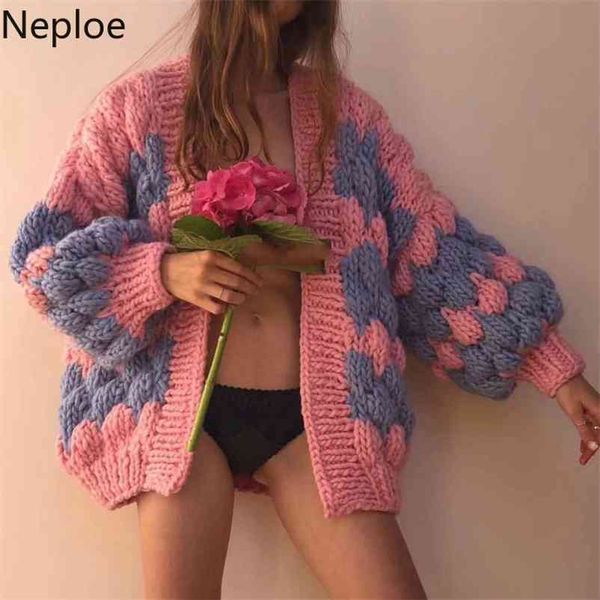 Kontrast Renk Patchwork El Örme Büküm Hırka Kazak V Boyun Fener Uzun Kollu Çapraz Tasarım Çekin Femme Coat 210422