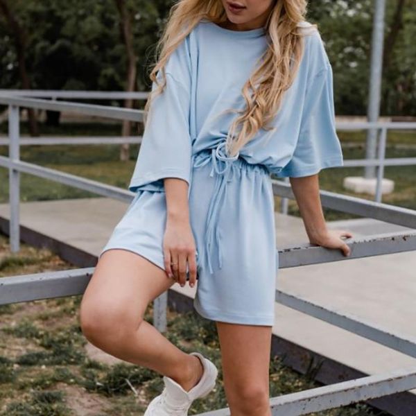 

women's tracksuits two pieces sets chic crop suits solid casual drawstring short t-shirt & wide leg shorts sporty loose women g1359, Gray