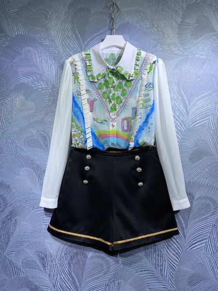 

spring 2022 new lapel long sleeve shirt with shorts set, White