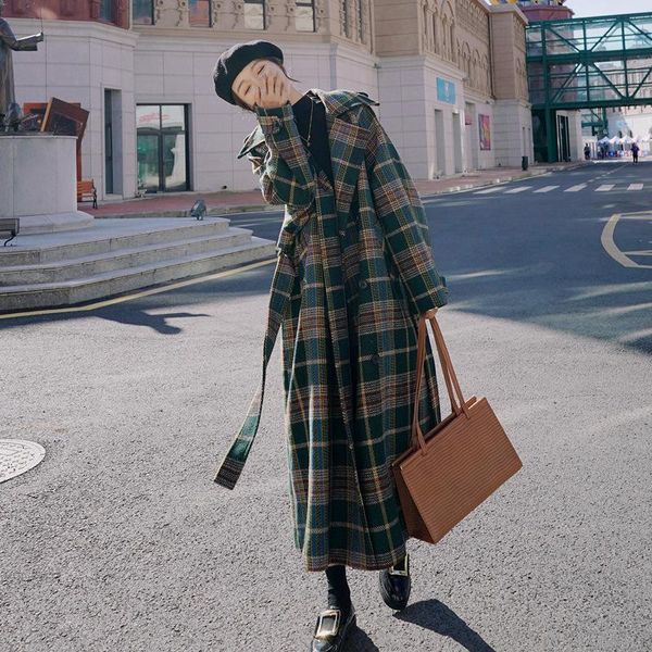 

women's wool & blends autumn and winter plaid coat women mid-length long high-end atmosphere woolen jackets, Black