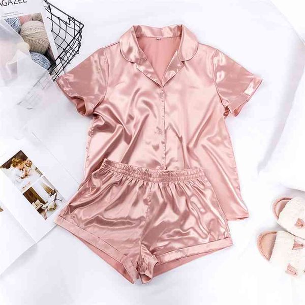 

suphis 5 colors satin nightshirt with shorts nightwear suit silk pyjama short sleeve casual pajama sets women sleepwear summer 210924, Black;red