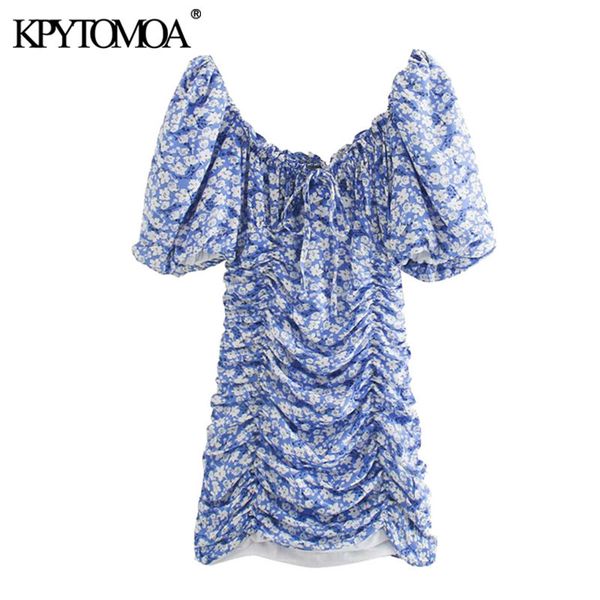 

women chic fashion floral print pleated mini dress vintage puff sleeve with lining female dresses vestidos mujer 210416, Black;gray