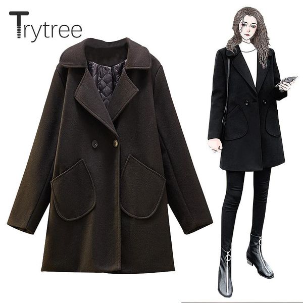 

women's jackets trytree 2021 winter casual blends tweed jacket cotton liner turn-down collar pockets loose office lady solid suit coat, Black;brown