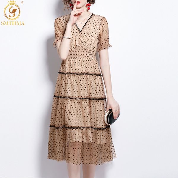 

casual dresses 2021 arrival women's summer runway style es temperament v-veck polka-dot flocking mesh gauze mid-length bl03, Black;gray