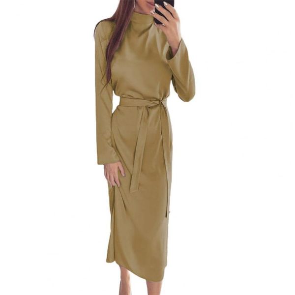 

casual dresses lace-up waist tied women dress slim solid color turtleneck 2021 autumn long sleeve elegant office lady midi streetwear, Black;gray
