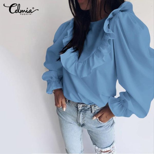 

fashion celmia elegant women long sleeve blouse round neck ruffles white shirts casual loose party blusas feminina 7